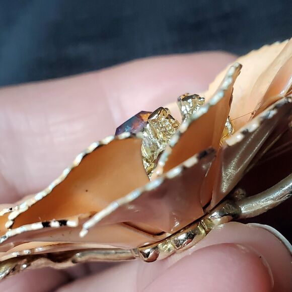 VTG Signed CORO Trembler Brooch AB Rhinestones Gold Tone Enamel Peach Poppy 3" - Picture 4 of 16